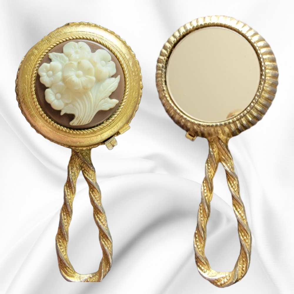 REVLON | VINTAGE 70's FLORAL CAMEO PURSE MIRROR & COMPACT